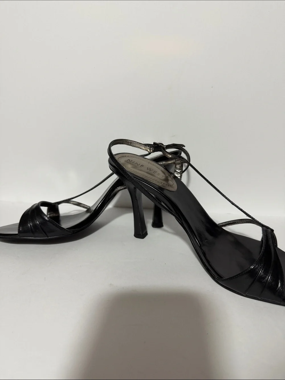 Nine West Black Metallic T-Strap Heeled Sandals